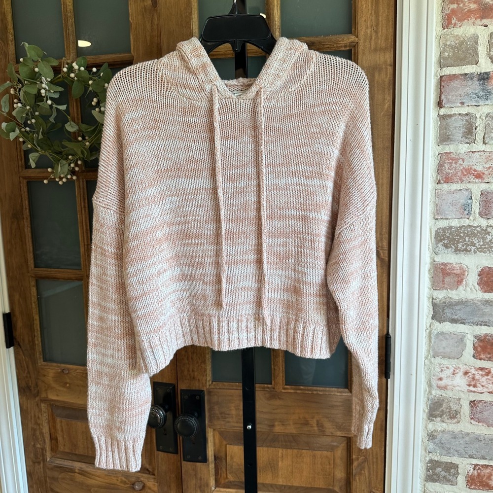 American Eagle Hoodie Sweater Womens Med Pink White Marled Knit Cropped Relaxed
